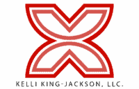 This image features the logo for Kelli King-Jackson, LLC. At the center is a stylized red and salmon Fawohodie symbol, an Adinkra symbol from Ghana that represents freedom, emancipation, and independence. The symbol is bold and symmetrical, with layered lines creating a powerful visual presence. Below it, the text reads “KELLI KING-JACKSON, LLC.” in a clean black font.